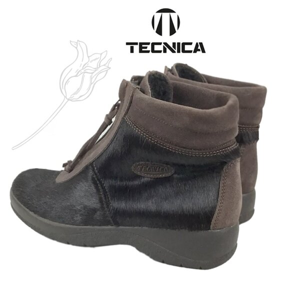 Tecnica Brown Pony Hair Fur Front Zip Closure Shearling Lined Ankle Boots NWOT - Picture 1 of 14